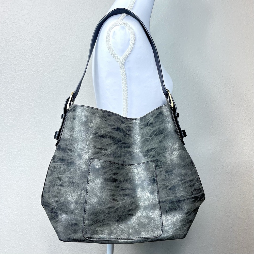 Joy Susan Classic Hobo Vegan Leather Handbag Metallic Platinum Slouchy Grunge
